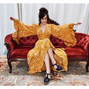 Boho V-Neck Maxi Dress in Mustard Yellow